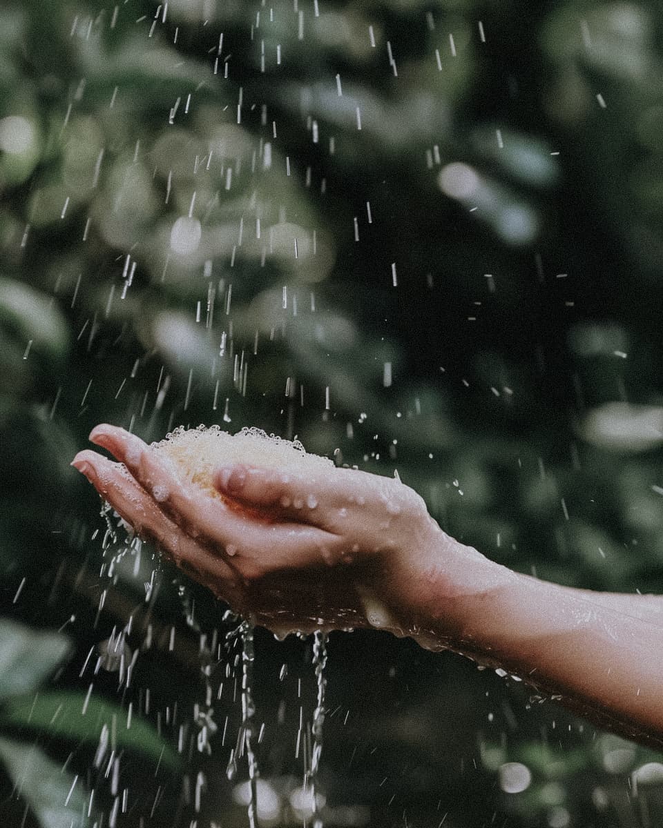 Hand catching rain in forest, nurturing connection with nature